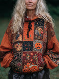Women's Vintage Patchwork Halloween Pattern Orange Hoodie elevenforest