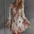 Women's Pink Flower Embroidered Art V-neck Long Sleeve Mini Dress elevenforest