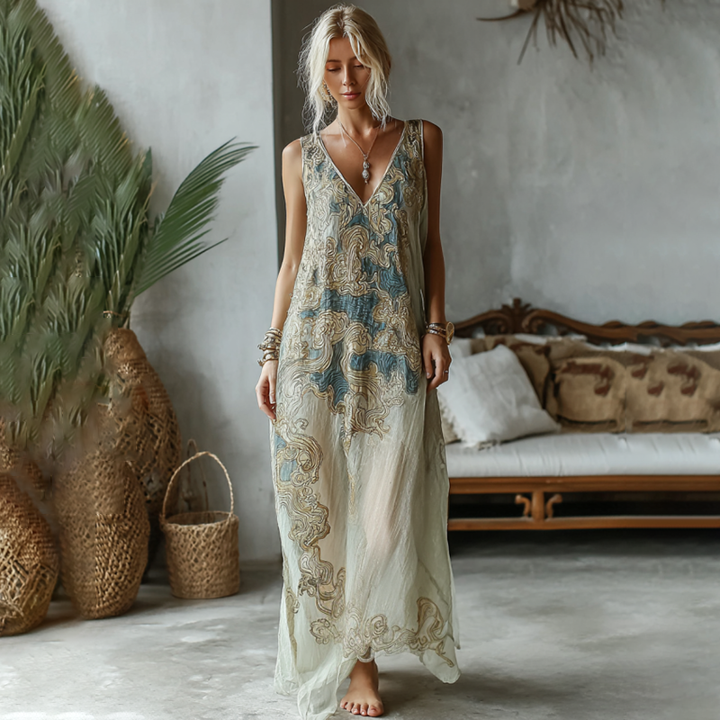 Vintage Marble Texture Collection Retro Bohemia Gradient Gilded Pattern Linen Maxi Dress elevenforest