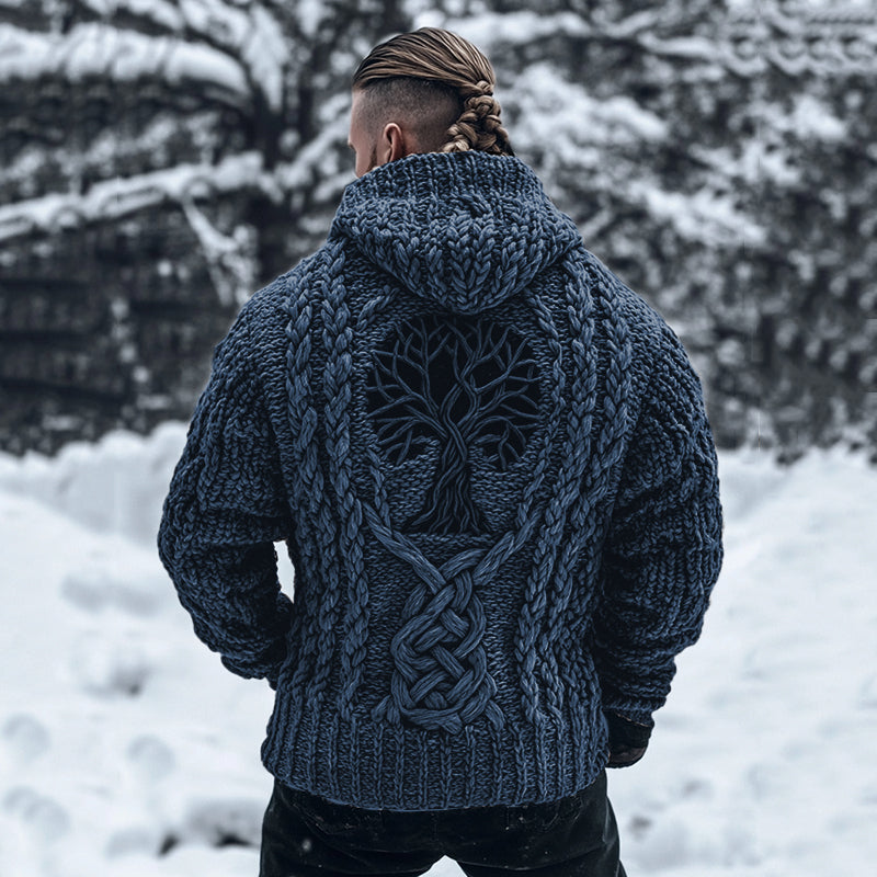 Men's Viking Tribal Tree Of Life Celtic Chunky Knit Hooded Sweater elevenforest