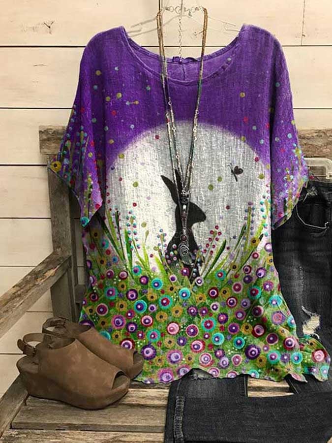 Casual Simple Floral Print Cotton Top