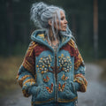 Women's Vintage Colorful Viking Tree Of Life Chunky Knit Zip-up Hooded Sweater elevenforest