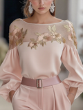 Women's Fashion Shirt with Mesh Embroidered long sleeve Top