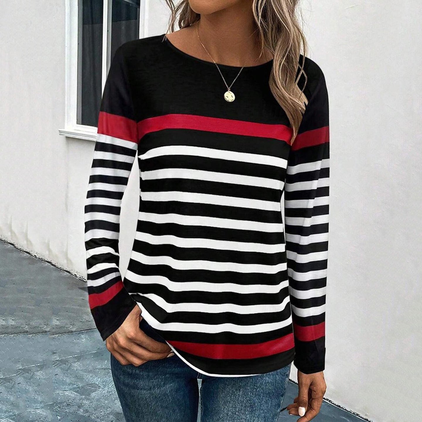 Striped Crew Neck Long Sleeve Casual T-Shirt elevenforest