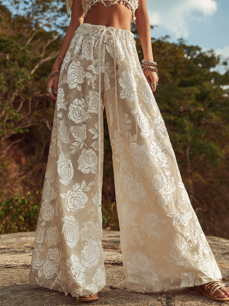 Bohemian Style White Rose Embossed Embroidery Women's Cotton And Linen Long Pants elevenforest