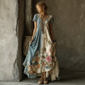 Women's Retro Floral Colorblock Short Sleeve Dress elevenforest