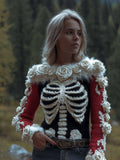 Comstylish Women's Halloween Skeleton Wrapped Rose Red Black Color Round Neck Warm Sweater