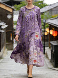 Comstylish Japanese Wisteria Flower Patchwork Pattern Women's Linen Long Sleeve Maxi Dress