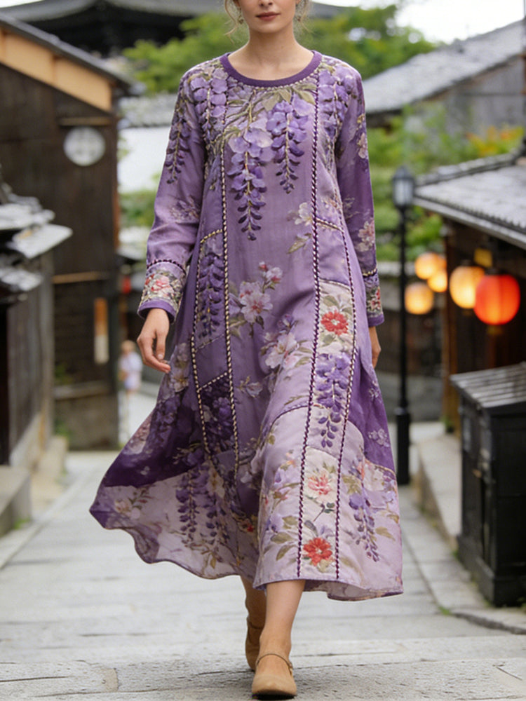 Comstylish Japanese Wisteria Flower Patchwork Pattern Women's Linen Long Sleeve Maxi Dress