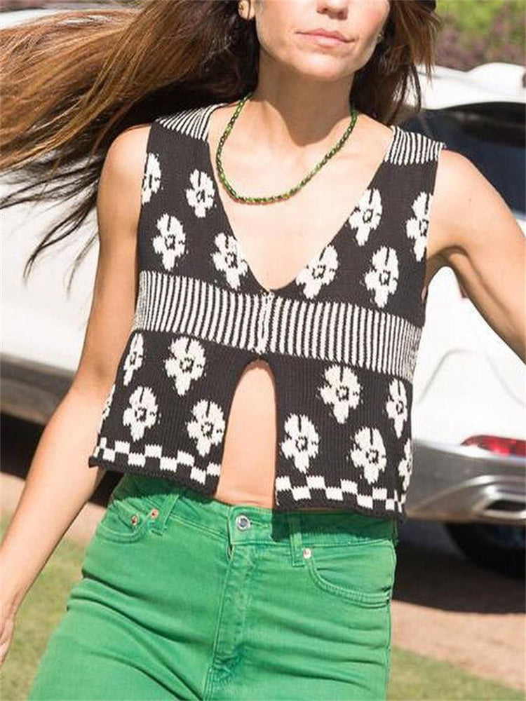 Tossy Printed Cropped Top Vest – Contrast Sleeveless V-neck Tank Top for