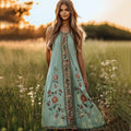 Retro Bohemian Floral Art Linen Comfy Tank Dress elevenforest