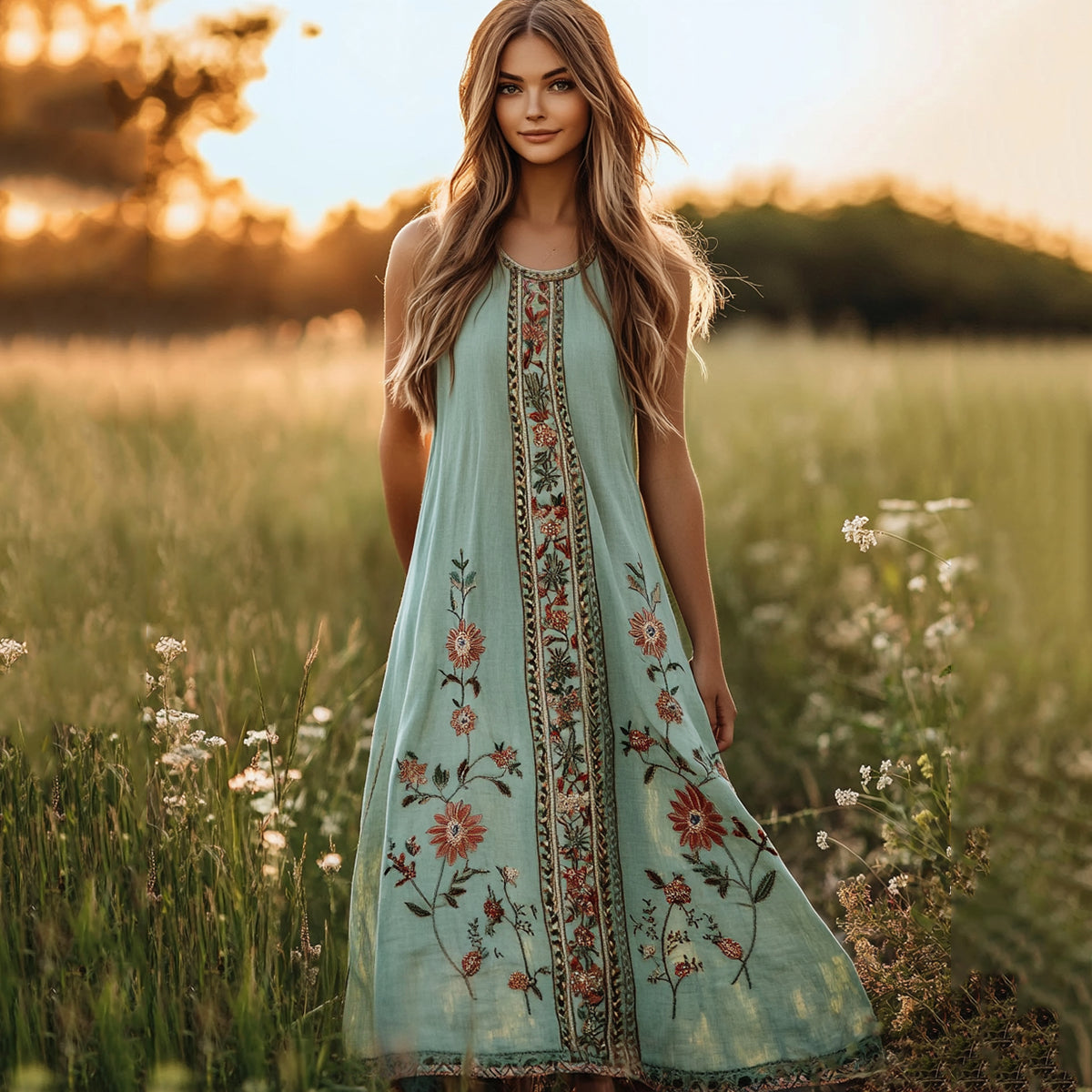 Retro Bohemian Floral Art Linen Comfy Tank Dress elevenforest