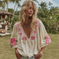 Women's Vintage Floral Embroidery Art V-neck T-shirt elevenforest