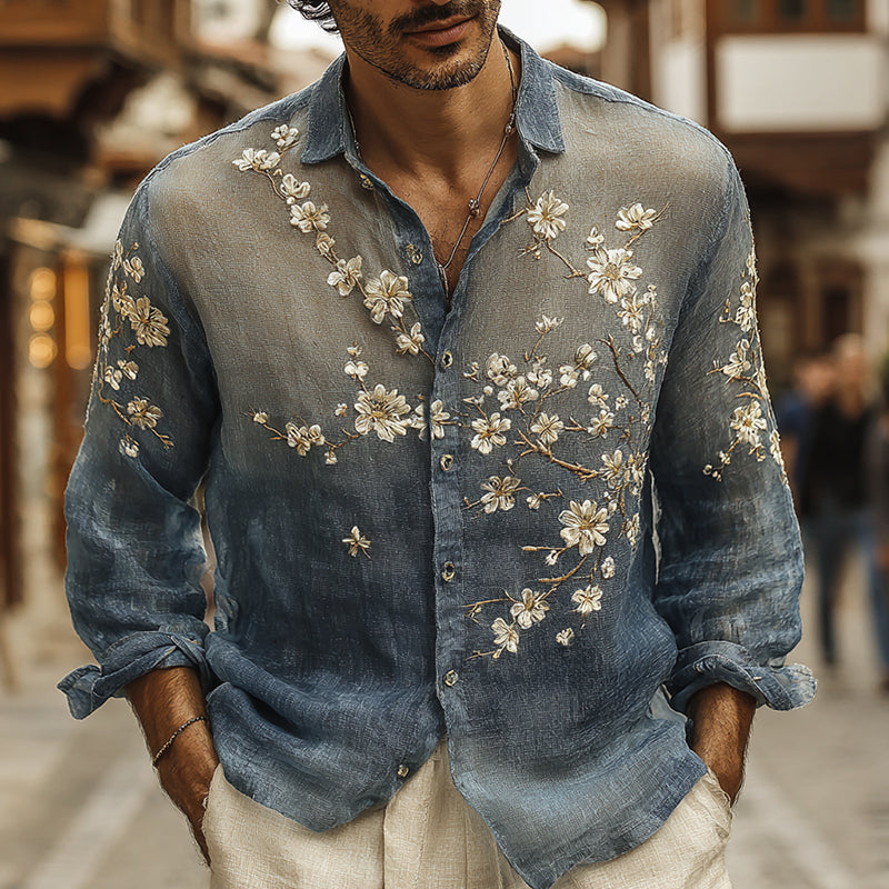 Men's Retro Flower Art Print Long Sleeve Shirt elevenforest