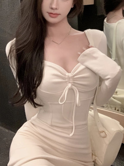 Y2k Knitted Dress Long Sleeve Bow Square Collar Autumn Spring Simple Mini Dresses Female Party Vestidos