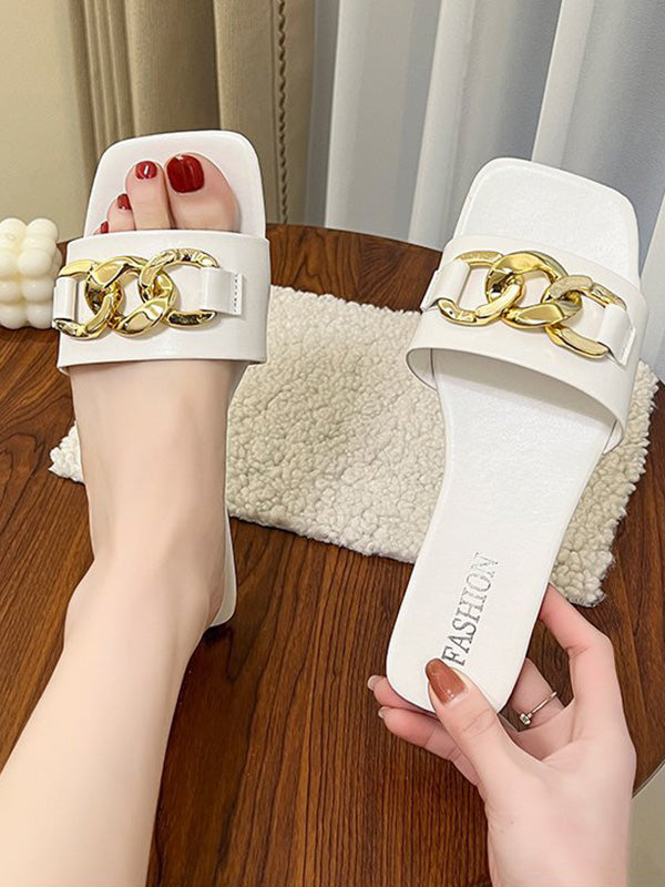 Chains Open Toe Split-joint Square-toe Slippers