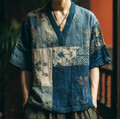 Japanese Art Style Plant Flower Embroidery Men's V-neck Cotton And Linen Shirt  1 elevenforest