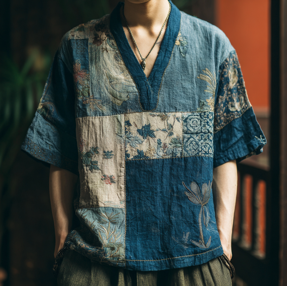 Japanese Art Style Plant Flower Embroidery Men's V-neck Cotton And Linen Shirt  1 elevenforest