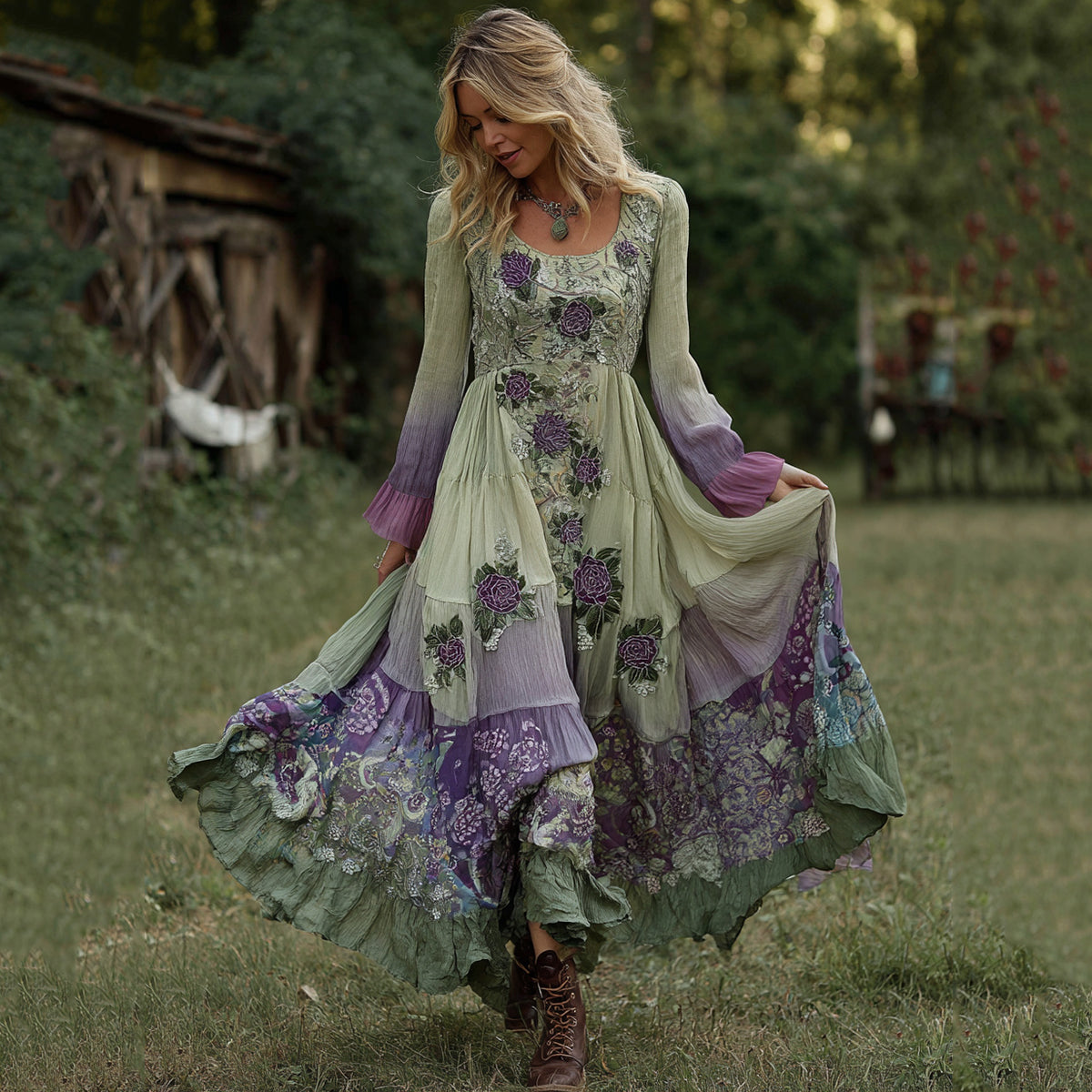 Vintage Classy Gradient Purple Lavender And Floral Embroidered Maxi Dress elevenforest