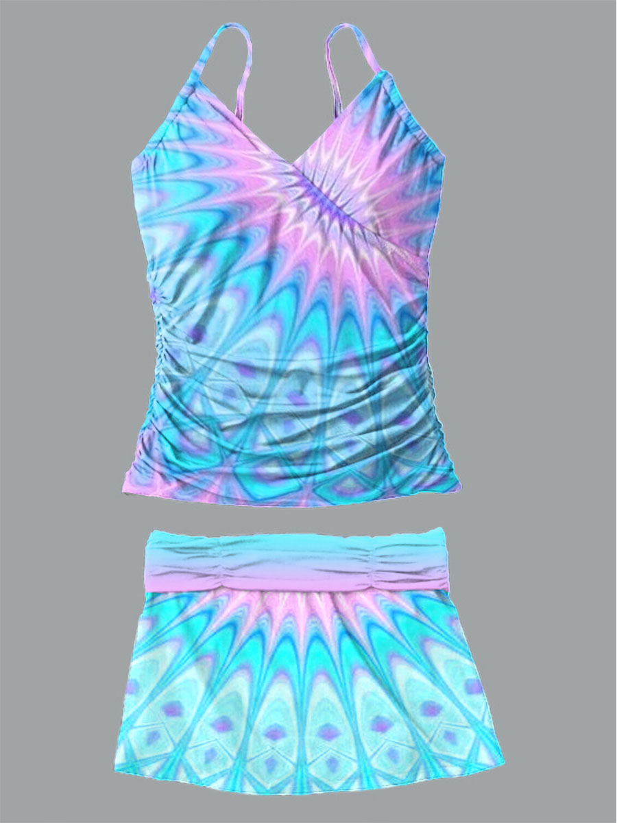 Women's Psychedelic Mandala Print Suspender Shirred Swimsuit Set