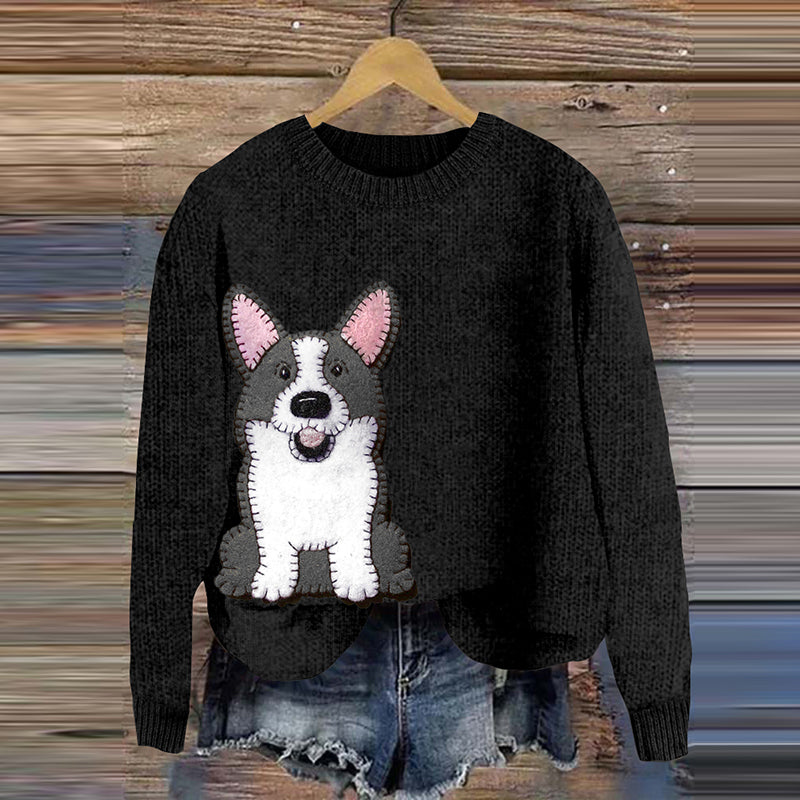 Comstylish Cute Corgi Applique Embroidery Cozy Sweater