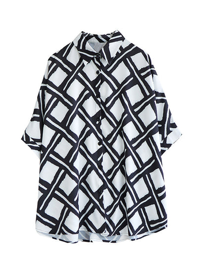 Batwing Sleeves High-low Buttoned Plaid Printed Lapel Blouses&shirts Tops