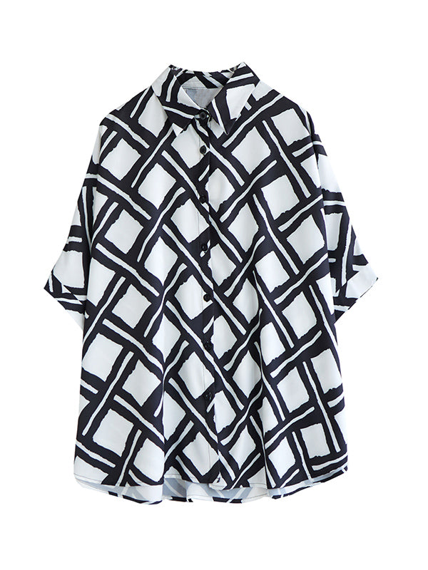 Batwing Sleeves High-low Buttoned Plaid Printed Lapel Blouses&shirts Tops