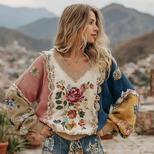 Women's Vintage Floral Pattern Comfortable Warm V-neck Knitted Sweater