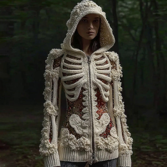 Women's Halloween Sequined Skull Cozy Knit Zip-up Sweater artswardrobe