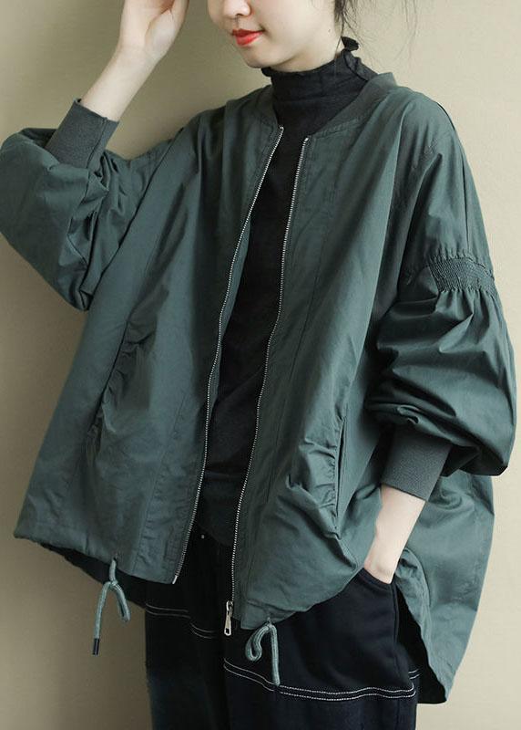 Green Zippered Pockets Low High Design Fall Coat Long Sleeve