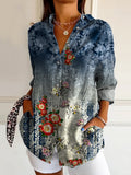 Women's Vintage Floral Art Print Casual Cotton Shirt