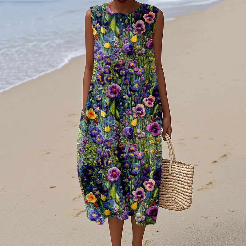 Elegant Violet Wildflower Embroidery Art Linen Tank Dress elevenforest