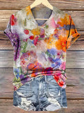 Women's Watercolor Floral Print V-Neck Comfort Cotton T-Shirt