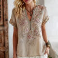 Bohemian Pink Floral Embroidered V-neck Short-sleeved Shirt elevenforest