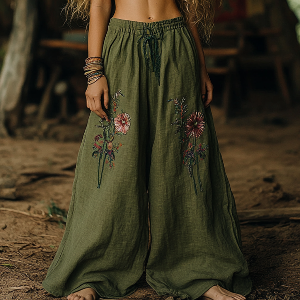 Vintage Bohemian Resort Forest Floral Ethnic Totem Art Printed Cotton Linen Wide Leg Pants elevenforest