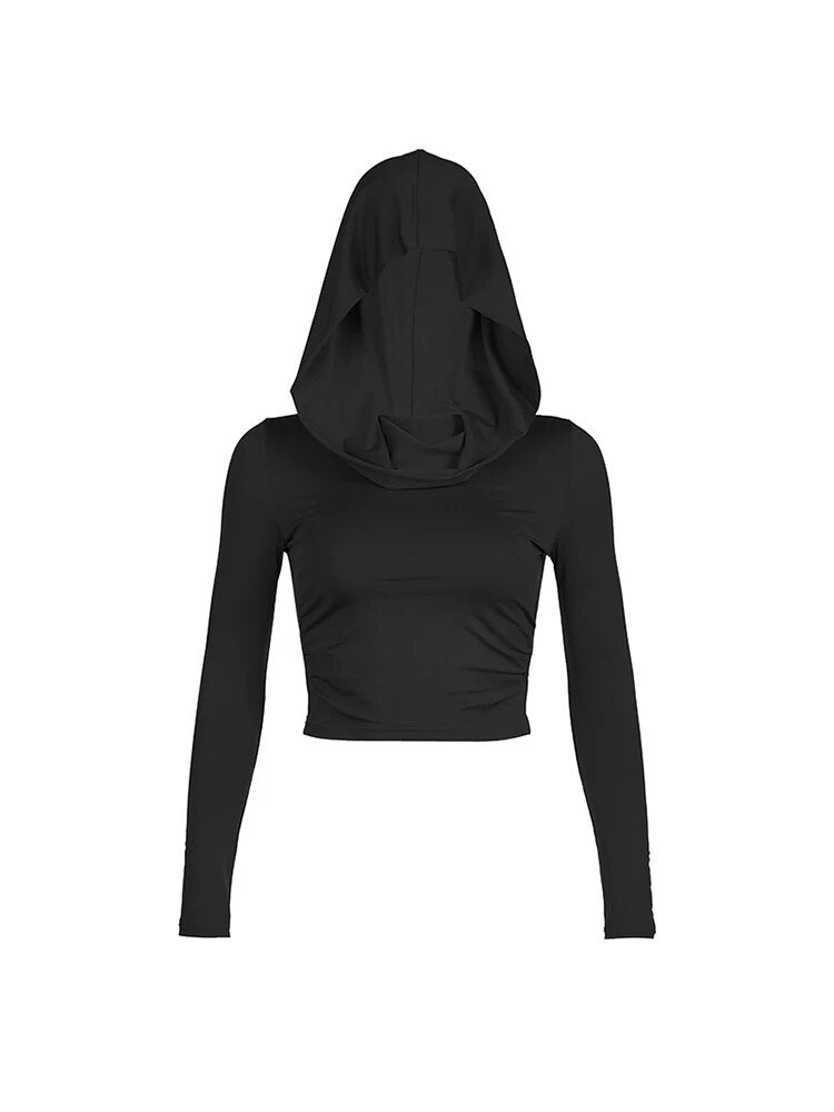’s Hooded Crop Tops Autumn Color Long Sleeve Cowl Neck Slim Fit Short T-shirt Sporty Basics Tees