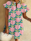 Vintage Flower Print Ruffled Short-sleeved V-neck Buttoned Dress Vacation Beach Dress