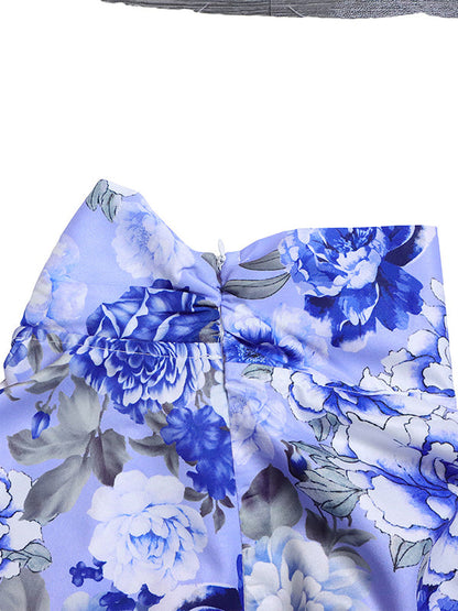 Long Sleeves Printed Blouse + Split-back Color Skirt Two Pieces Set