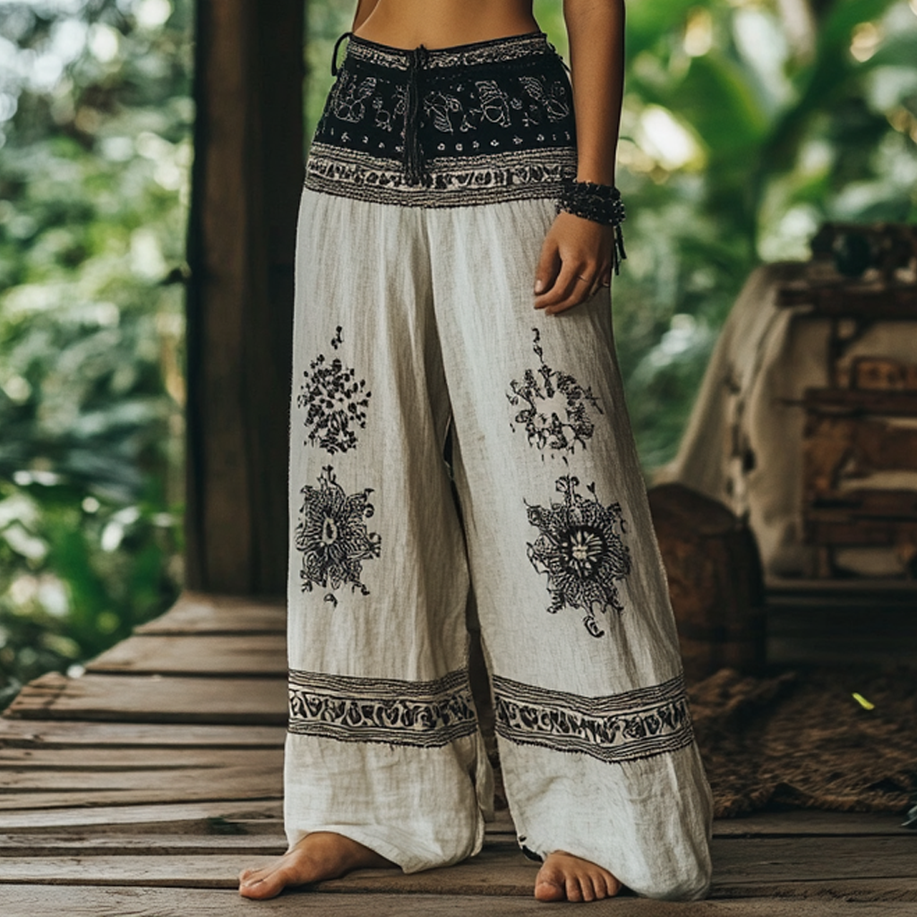 Vintage Bohemian Forest Floral Ethnic Art Printed Cotton Linen Wide Leg Pants elevenforest