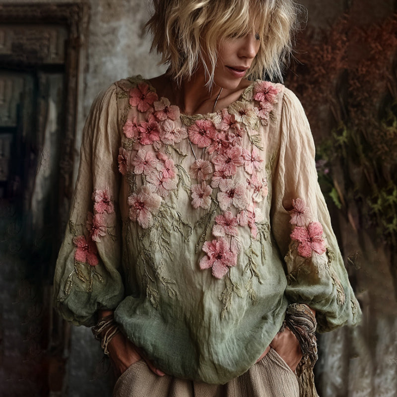 Vintage Cherry Blossom Gradient Linen Long Sleeve Shirt elevenforest