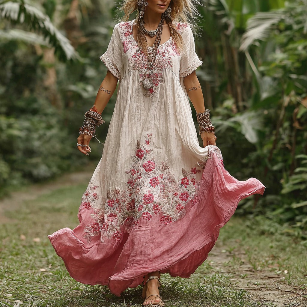 Women's Vintage Bohemian Floral Pattern Round Neck Long Dress elevenforest