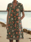 Women's Vintage Folk Art Floral Pattern Print V-Neck Linen Pocket Dres