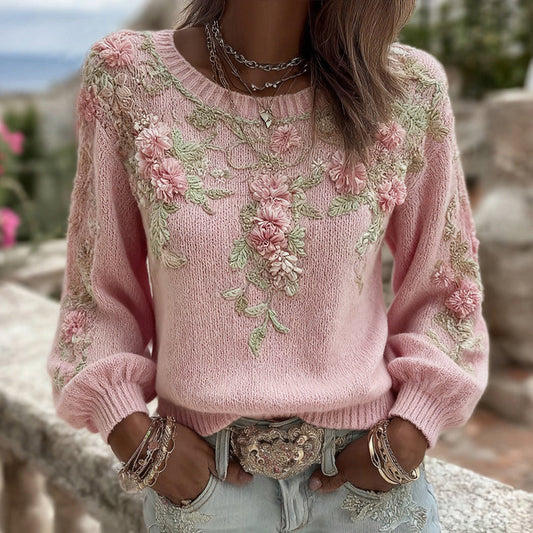 Women's Pink Floral Embroidery Art Cozy Knit Pullover Sweater