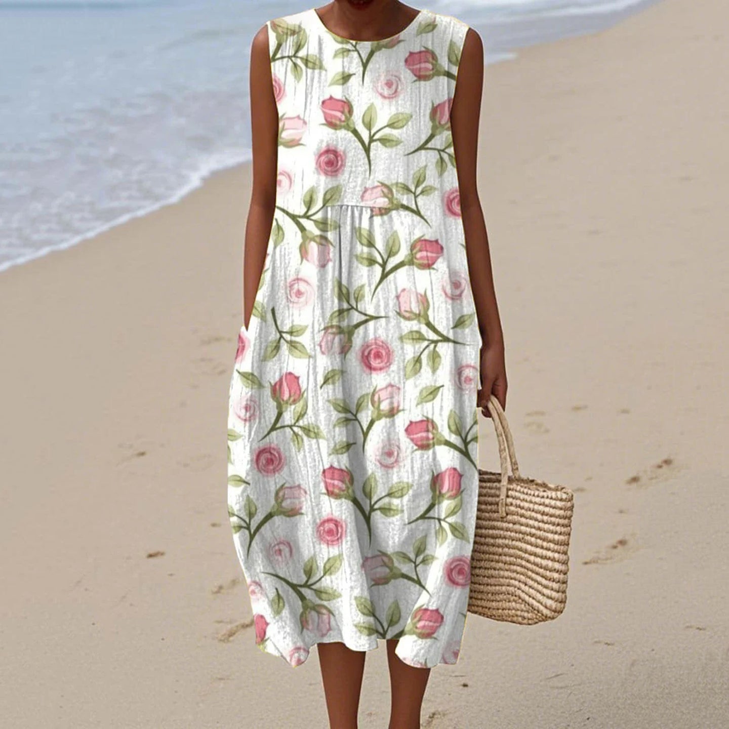 Women's Vintage Floral Art Print Design Midi Tank Dress elevenforest