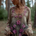 Bohemian Style Round Neck Long Sleeve 3d Purple Flower Design Cotton And Linen Top For Women elevenforest