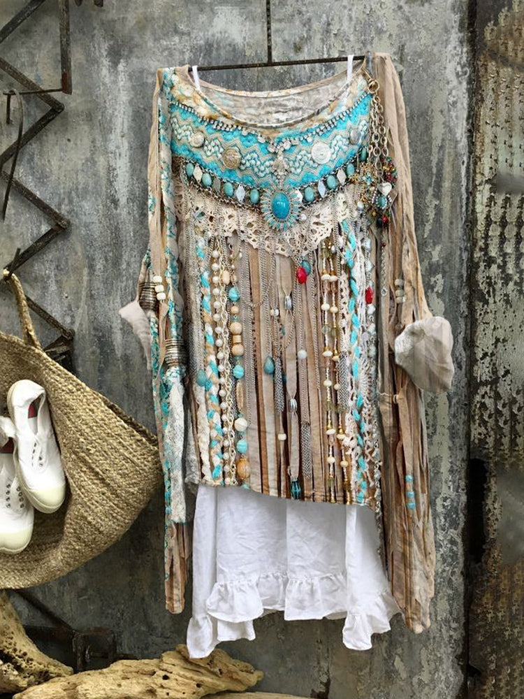 Boho Turquoise Fringe Linen Flowy Blend Tunic elevenforest
