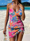 Color Ocean Starfish Shell Art Print Pleated Drawstring V-neck Tankini Pantskirt Set Swimsuit