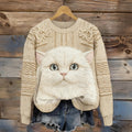 Comstylish Cute Fuzzy Cat Art Pattern Vintage Cozy Knit Sweater