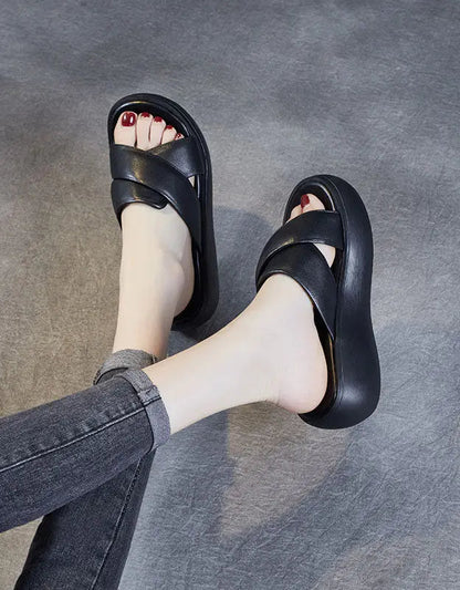 Leather Cross Strap Wedge Slippers