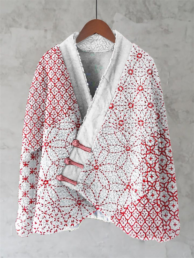 Japanese Geometric Stitch Floral Pattern Women's Kimono elevenforest